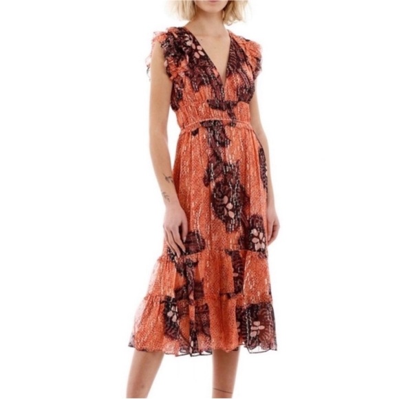 Ulla Johnson Akira Metallic Shibori Silk Printed Midi Dress Coral Pink‎ Size 6 - Picture 17 of 17